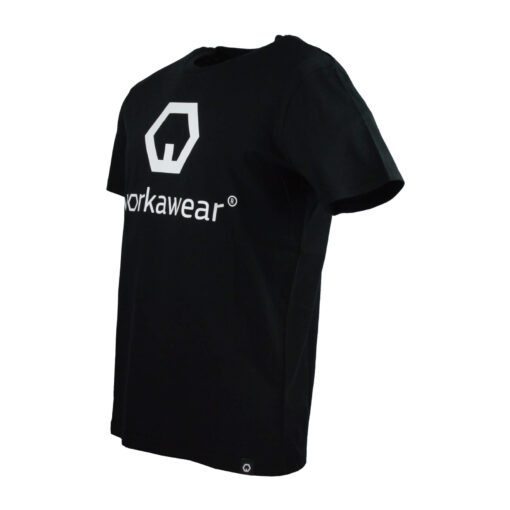 nachhaltig organic t-shirt schwarz mit weißes logo seitlich